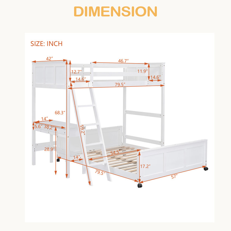 Lit superposé avec bureau, Simple sur simple, Blanc