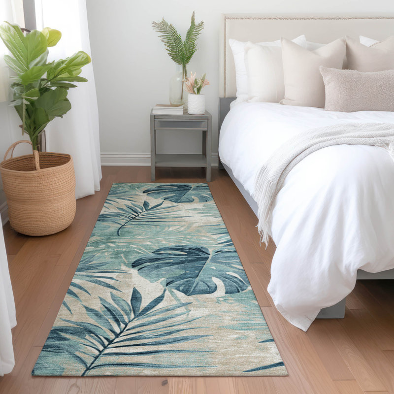 Tapis bleu sarcelle lavable à la machine intérieur / extérieur Xhevrie, Tapis de couloir 2 pi 3 po x 7 pi 6 po