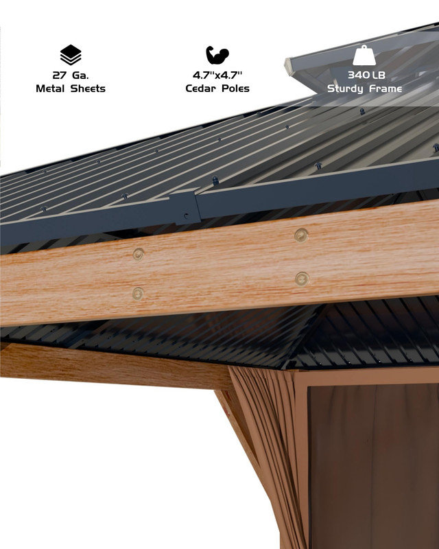 Pavillon de jardin en bois 10 po x 12 po - Toit en métal double, rideaux et filet pour patio, terrasse ou cour arrière
