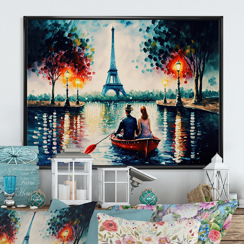 Soirée romantique sur un petit bateau IV - Peinture sur toile, H 24 po x l 32 po x P 1 po, Cadre flottant noir