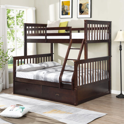 Lit simple superposé au dessus d'un lit double avec tiroirs de rangement, lit superposé en bois avec échelle et garde-corps
