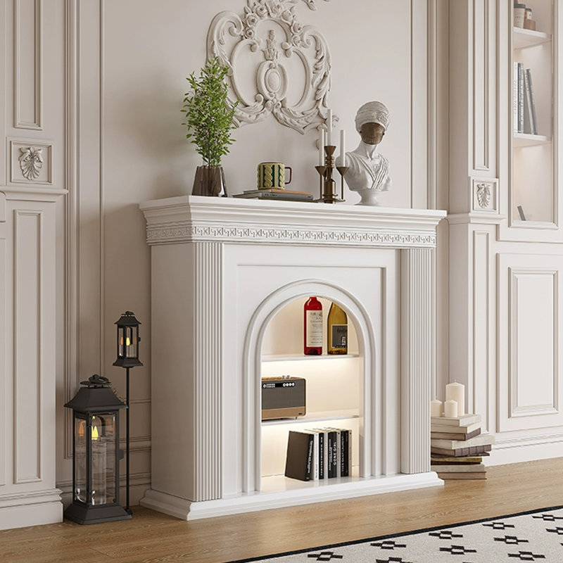 Beige Solid Wood Electric Fireplace