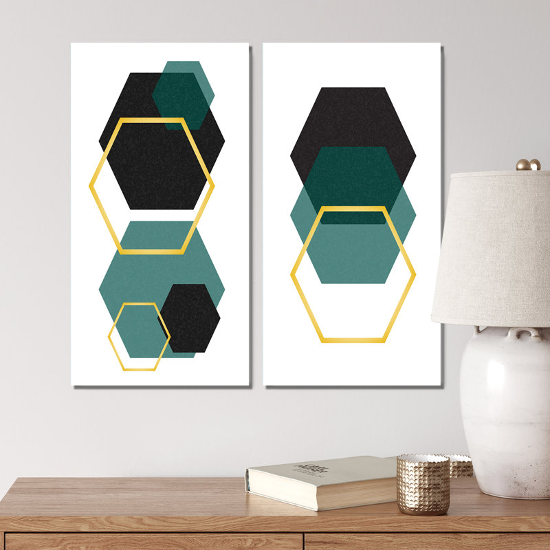 «Abstract Geometrics in Green and Gold III», ensemble de 2 peintures, H 32 po x l 32 po x P 1 po, Toile tendue