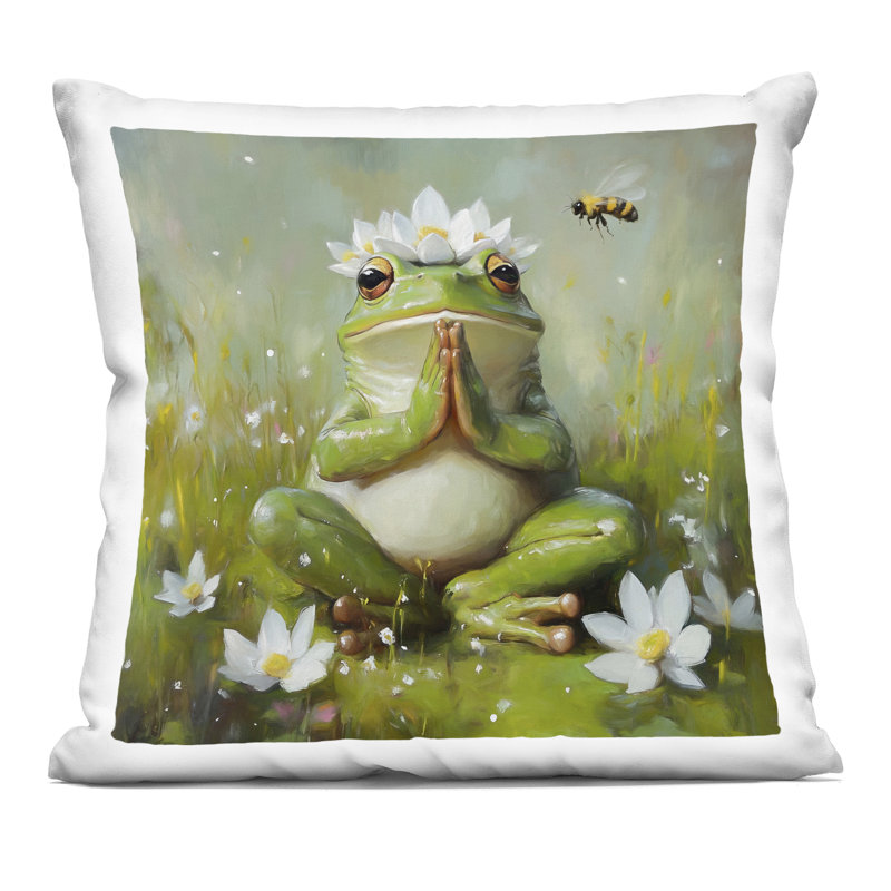 Coussin Buddha Bull Bull Meditation, imprimé par Tina LeCour, Carré 18 po, Animaux verts