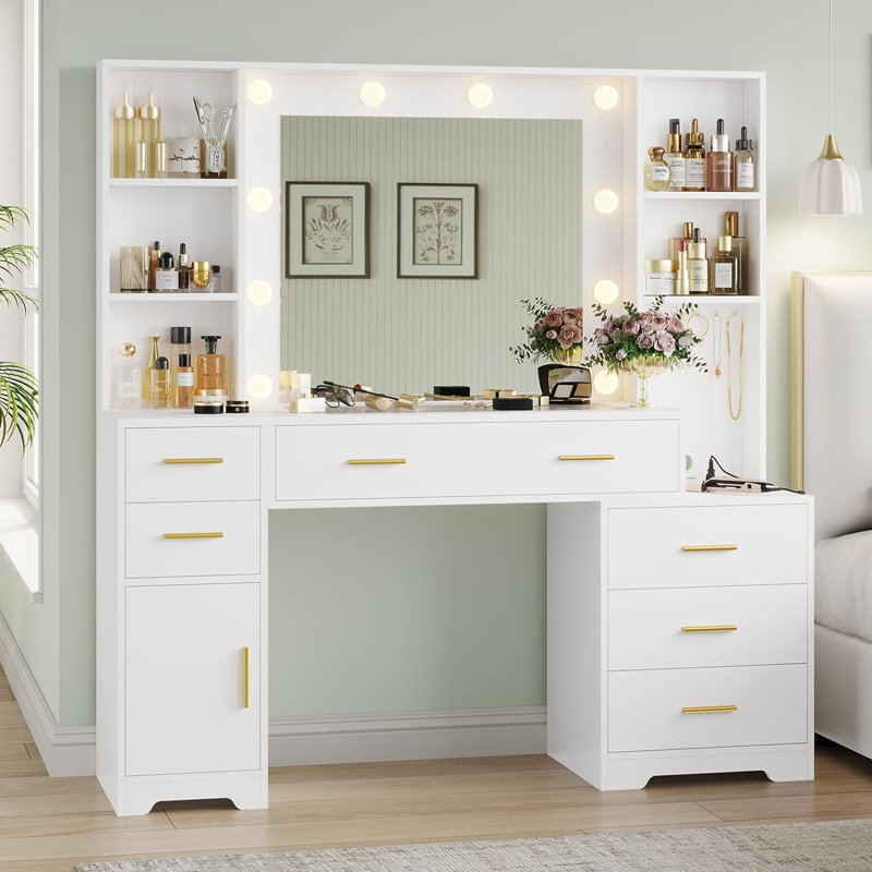Vincci Vanity 48.8'' Large Makeup Vanity Desk with Large Mirror And Lights, Vanity Table with Power Outlet, 6 Drawers, 4 Shelves and 1 Storage Cabinet, Glass Tabletop Bedroom Dressing Table, White