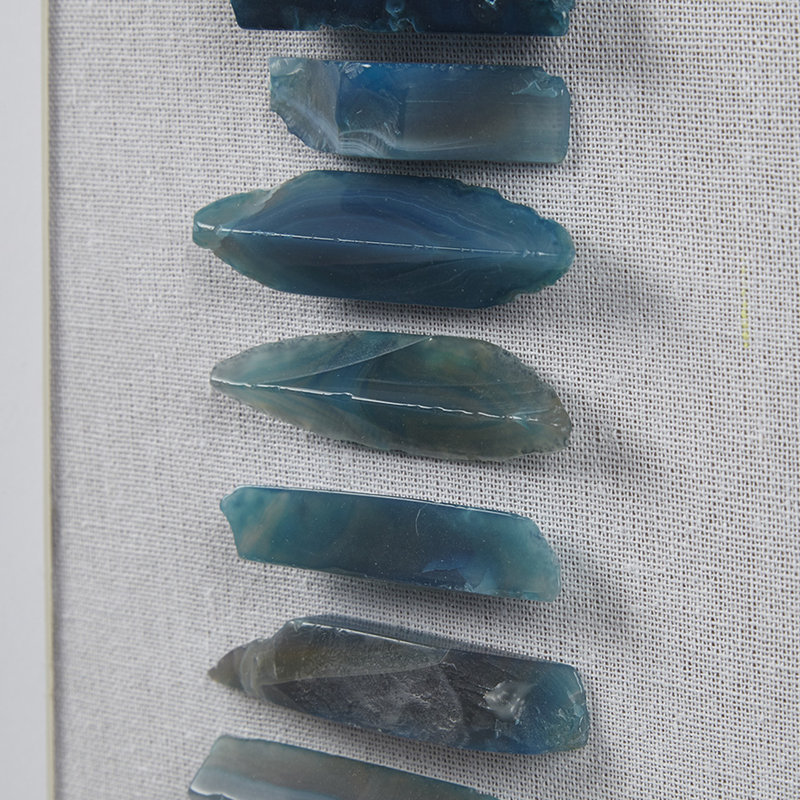 Framed Blue Agate For Indoor Wall Decorating - Dimensional Art, Natural Dyed Cerulean, Soft White Background, Glass And Black Frame Cerulean Agate, Base, Frame, 4 D Rings