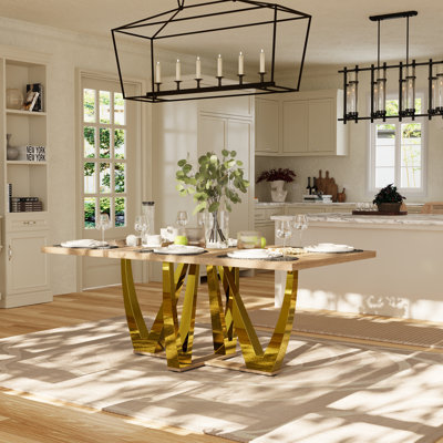 78 Inch Wood Dining Table With Four Polished Gold V-Shaped Legs