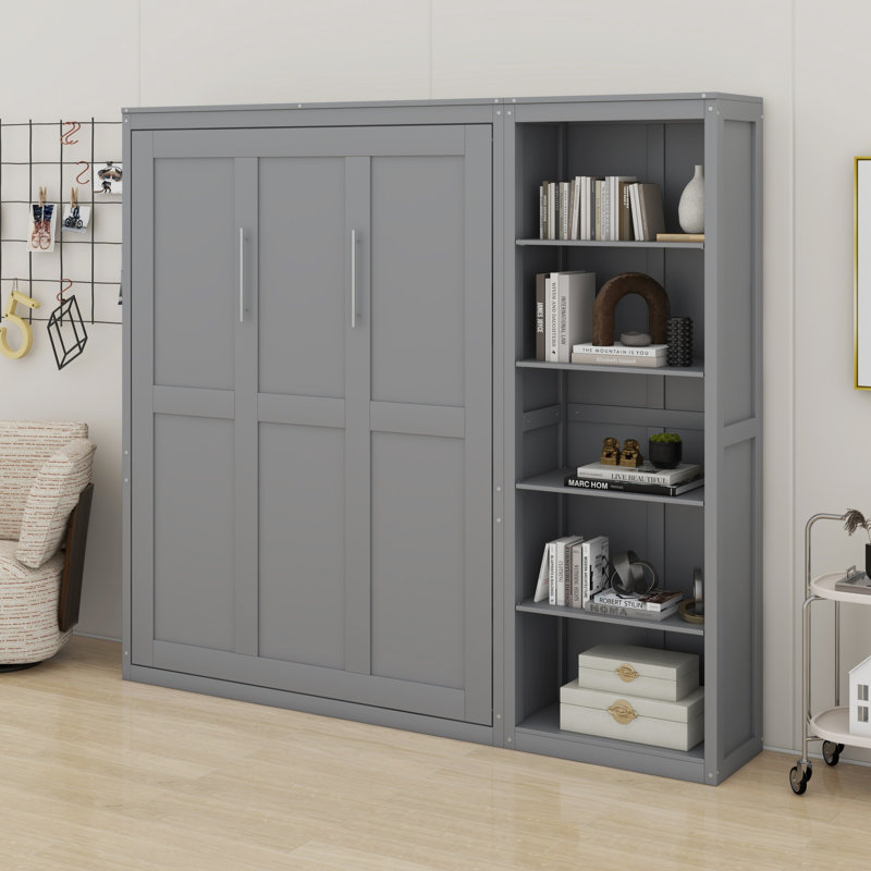 Lit escamotable mural avec tablettes Murphy, gris, Lit double