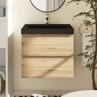 Meuble-lavabo flottant 24 po Angela en bois de rose avec plateau en marbre de culture noir mat Angela