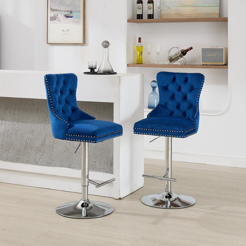 Anley Swivel Velvet Tufted Bar Stools with Adjustable Height & Chrome Base, Blue