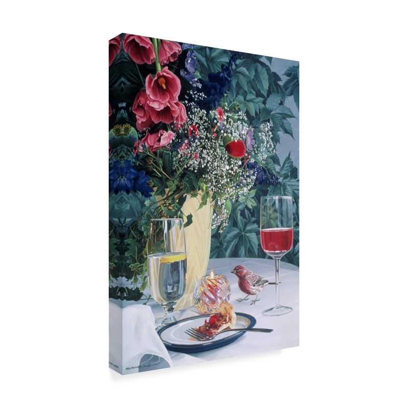 Modern Symmetrical Framed Canvas Art with Bird and Wine Glass