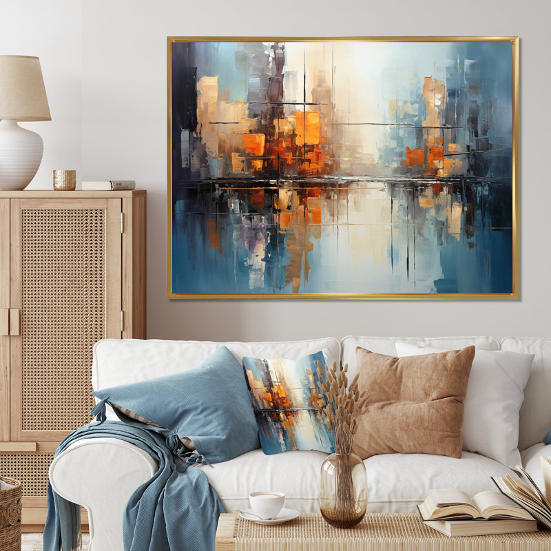 " Gray Canal Abstract Reflections Bold ", Gold Floater Framed, 16" H x 32" W x 1" D