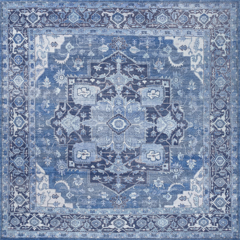 Abhirami Ornate Medallion Machine-Washable Blue/Navy Rug, Square 5'3"