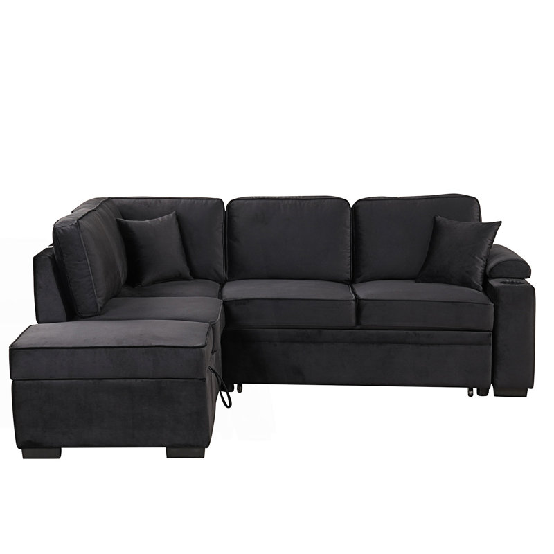 84.75" Sleeper Sofa With Storage Ottoman For Living Room, Black Velvet, Left Hand Facing