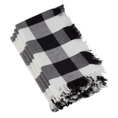 Black Classic Buffalo Plaid Design Fringed 100% Cotton Cloth Napkins, 20 X 20 Inch, Set Of 4
