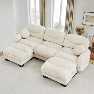 Canapé modulaire confortable en tissu de chenille plissé 3 places avec siège ergonomique en mousse haute densité, canapé modulaire en forme de U avec 2 repose-pieds, accoudoirs arrondis arrondis et 2 coussins décoratifs ronds, beige