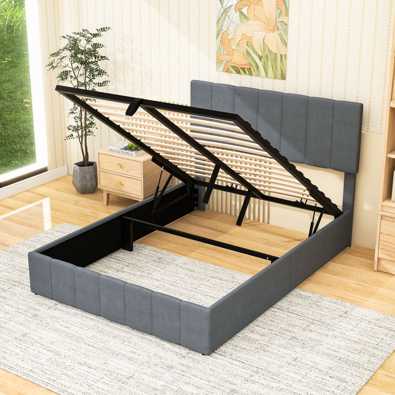 Lit plateforme tapissier avec système de rangement hydraulique et tête de lit, Double, Gris
