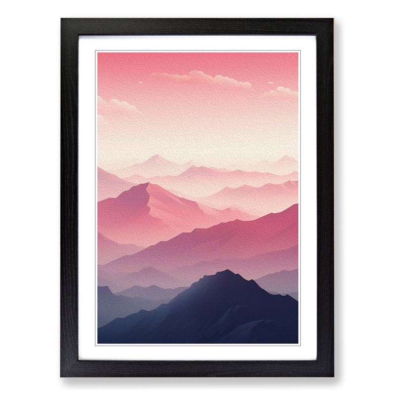 Japanese Mountains Minimalism - Single Picture Frame Print on Wood, Black , 46cm H x 34cm W x 2cm D