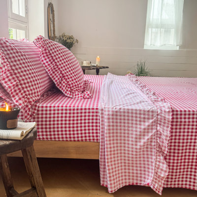 Gingham Ruffle Sheet Set, Soft Pre-Washed Microfiber Plaid Ruffled Bed Sheets, Farmhouse Sheet Set with Deep Pocket