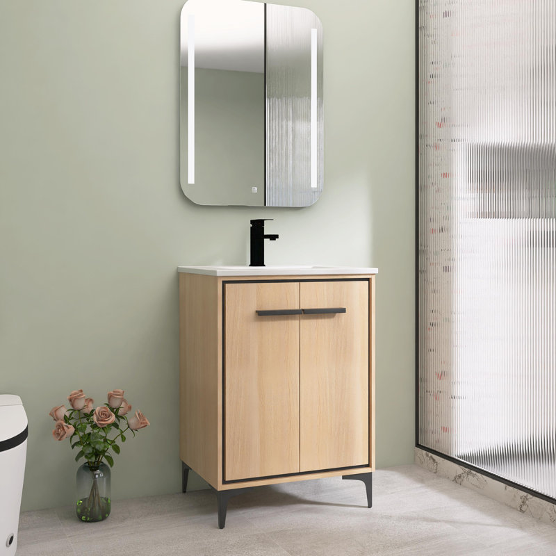 24" Freestanding Bathroom Vanity with White Resin Vanity Top & 2 Soft-Close Cabinet Doors