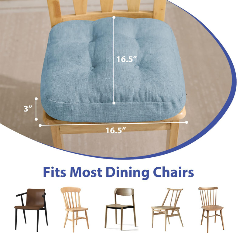 Set of 4 Tufted Dining Chair Cushions 16.5"x16.5"x3.5" with Ties & Non-Slip Backing, Light Blue, 4, Light Blue