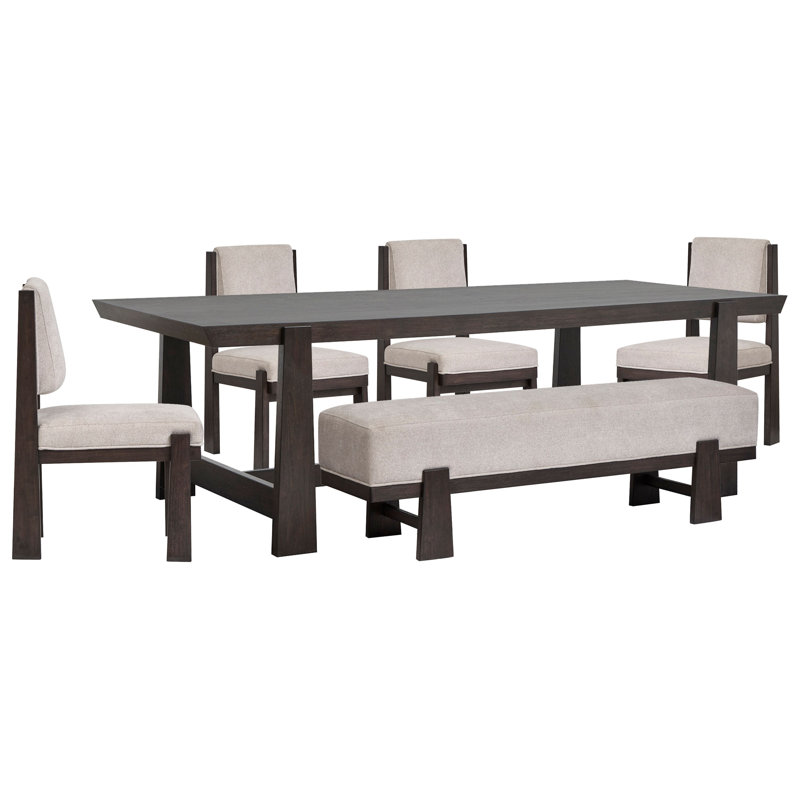 Trestle Dining Table With 4 Upholstered Side Chairs And Bench, 6 Pieces: Table, 4 Chairs, Bench