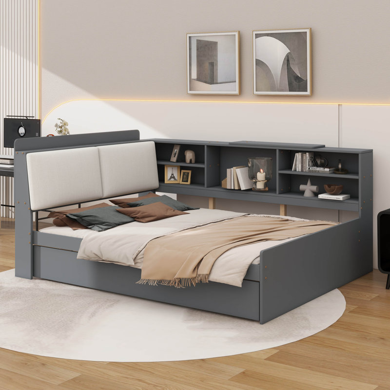 Platform Bed With An Underbed Trundle, Shelves, And A Storage Headboard, Gray, Full