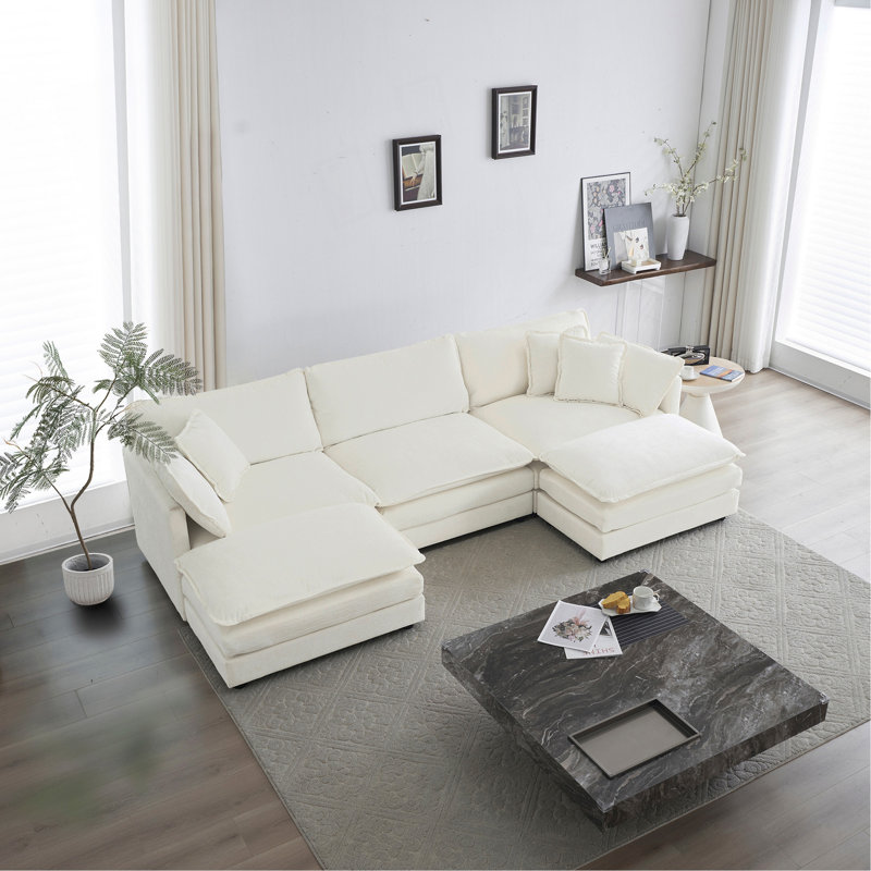 Canapé modulaire en U avec repose-pieds réversible, canapé d'angle convertible 5 places avec 2 repose-pieds, canapé moderne minimaliste et canapé pour le salon, blanc