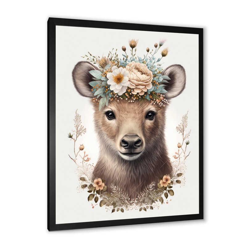 Mignon bébé ours avec couronne florale III - animaux, art mural sur toile, L 12 po x H 20 po, Toile avec cadre photo noir