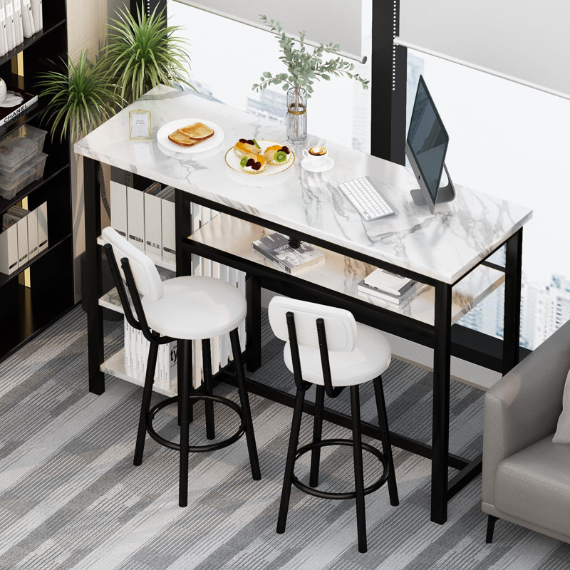 Modern 3-Piece Bar Table Set with PU Cushion Stools & 3-Tier Storage, Black/White