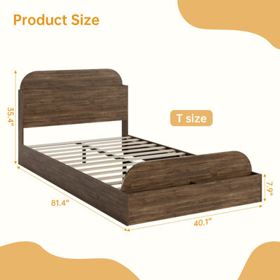 Twin Size Wooden Platform Bed Frame with Storage Headboard & Raised Footboard, Low Profile Design, Sturdy Slat Support, No Box Spring Needed, Kids Bedroom - Golden Sandalwood