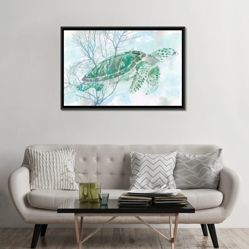 « aquarelle sea turtle i », impression sur toile, H 32 po x l 48 po x P 1,5 po, Toile avec cadre noir, Pas de tapis