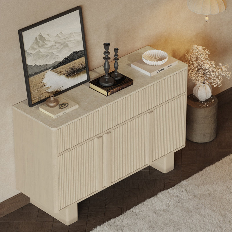 Fluted Buffet Cabinet with 3 Doors & 3 Drawers, Modern Sideboard with Faux Marble Top, Rounded Corners, Storage for Dining Room, Living Room, Hallway