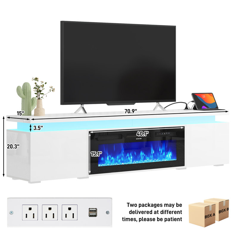 71" LED TV Stand With 40" Fireplace For Tvs Up To 80", Charging Station/Power Outlet Included, White
