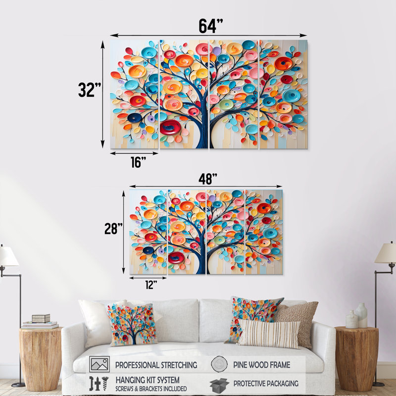 Colourful Abstract Tree I - Tree African 4 Piece Wall Art Decor, 28" H x 48" W