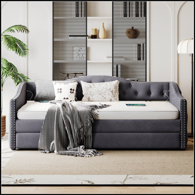 Lit de jour rembourré avec lit gigogne et chargement USB, support de lattes en bois robuste, tissu de velours moelleux pour chambre à coucher / chambre d'amis / dortoir