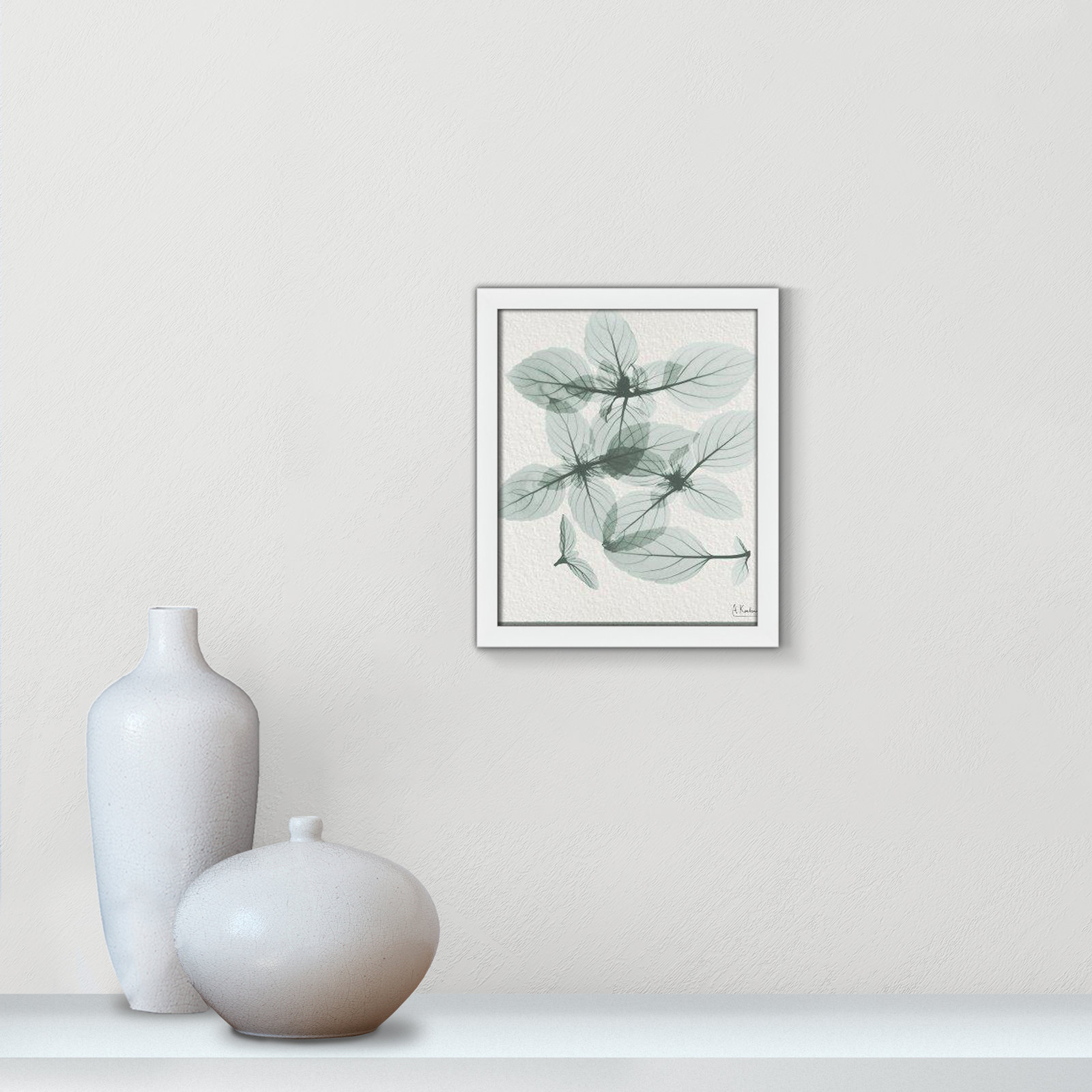 Jeanette "Basil Ocimum Basilicum" Painting, Satin White Framed Paper, 15" H x 13" W x 1.25" D