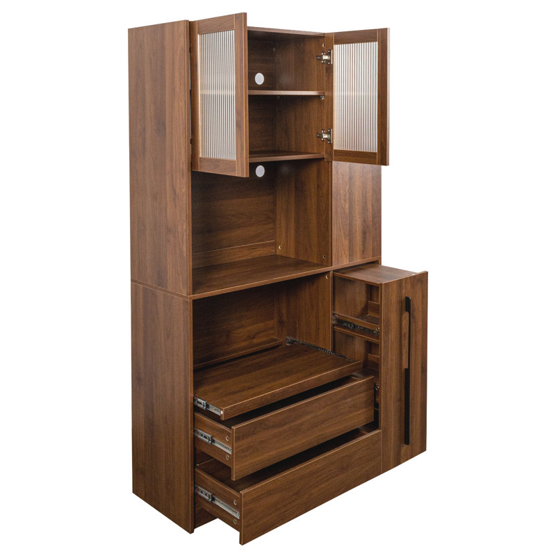 Armoire de cuisine avec étagère de rangement à plusieurs niveaux, 2 tiroirs et porte vitrée