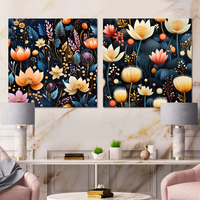 Eloan - Ensemble de 2 impressions murales florales, H 36 po x l 73 po x P 1,5 po, Toile tendue