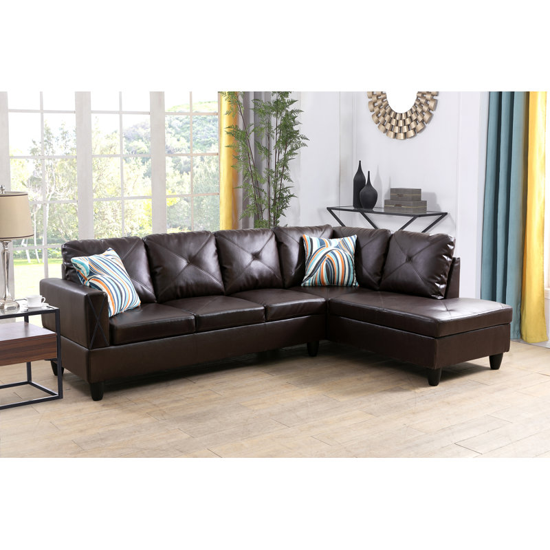 Tamez Faux Leather L-Shaped Sectional, Right Hand Facing, Classic Brown Faux Leather