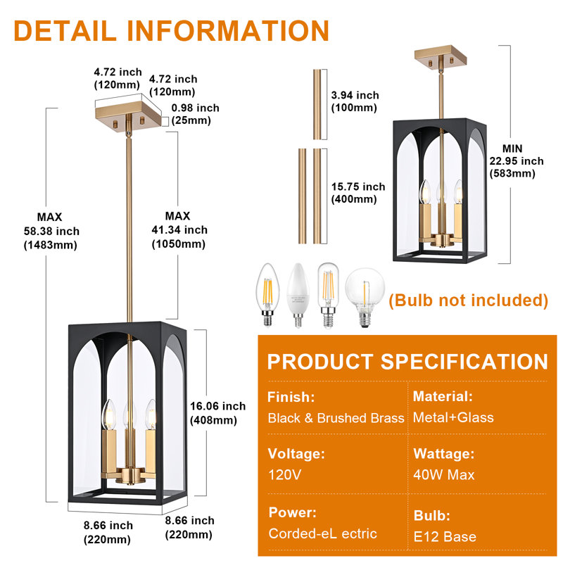 Large Outdoor Pendant Light Fixtures 3-Light, Exterior Hanging Lantern Porch Light Adjustable, Black And Brushed Brass Hanging Lamp Farmhouse Exterior Chandelier Ceiling Mount For Entrance Patio