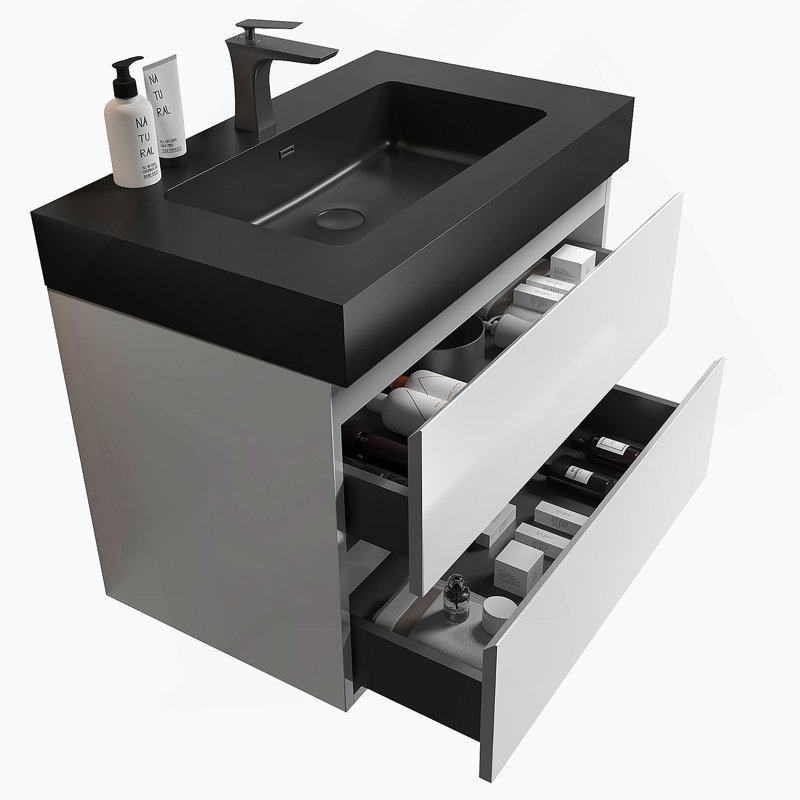 Meuble-lavabo mural flottant avec lavabo et rangement, 30", Blanc