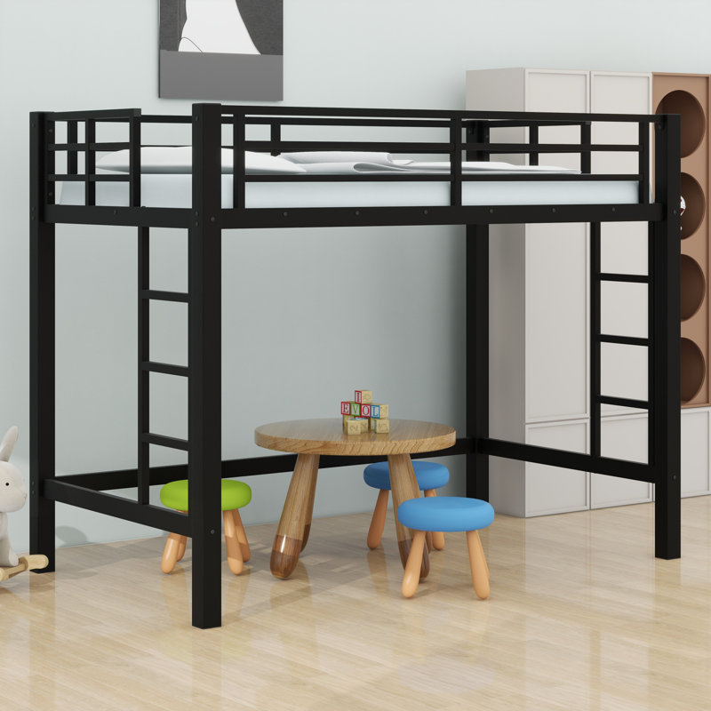 Lit mezzanine en métal robuste avec échelle intégrée et garde-corps de sécurité, Lit simple