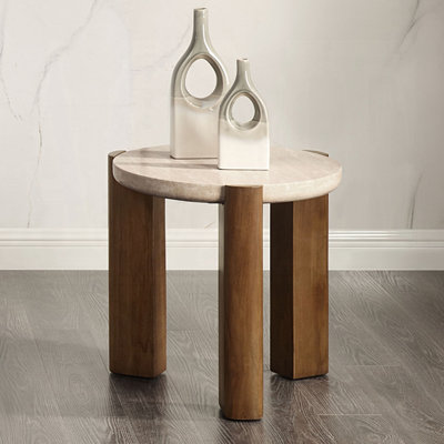 Travertine Stone And Wood Round End Table In Dark Oak