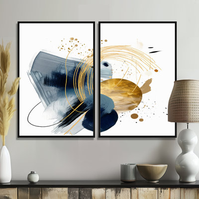 Paysage d'art bleu foncé et or III - art mural moderne 2 panneaux