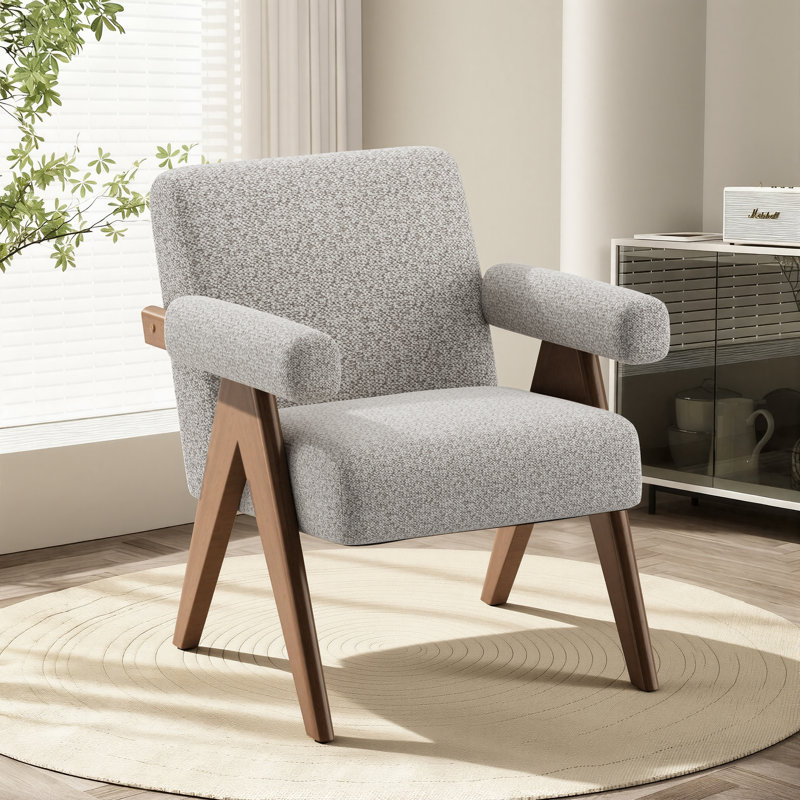 Modern Linen Upholstered Accent ArmChair with Solid Wood Legs and Padded Armrests, Khaki