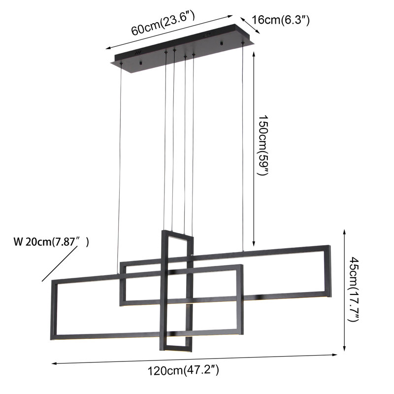 Devontaye 3-Light Square / Rectangle Chandelier Kitchen Island Lighting with Remote Control, 17.7"H x 47.2"W x 7.87"L