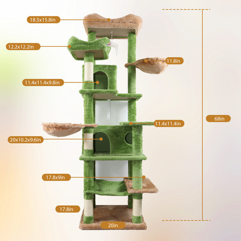 Grand arbre à chat à niveaux multiples de 68 pouces avec hamacs et poteaux à griffer, Vert