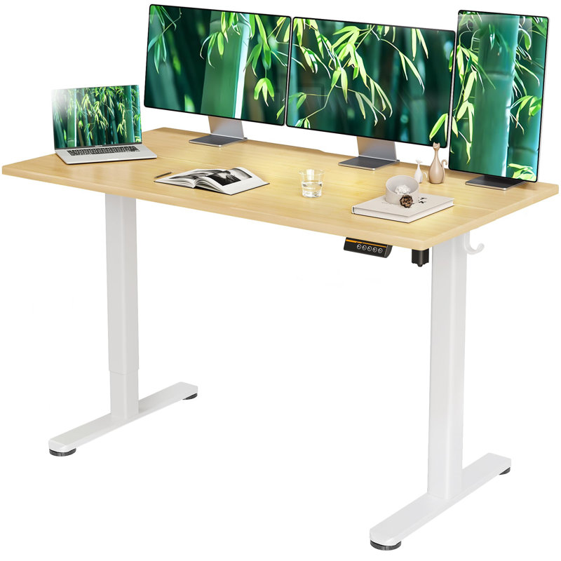 Electric Height Adjustable Standing Desk with Hooks, Bamboo/White, 46.5"H x 55" W x 24" D