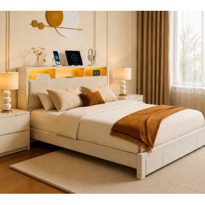 Full-size upholstered bed with drawers, featuring an upholstered storage headboard, heavy metal crossbar support, LED and USB charging, silent design,